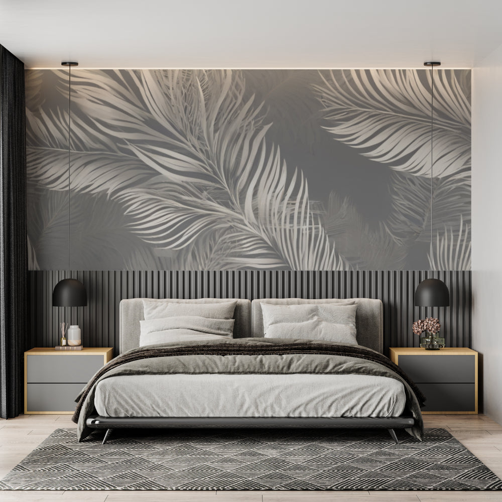 Grey palm leaf wallpaper in minimalist dining room setting