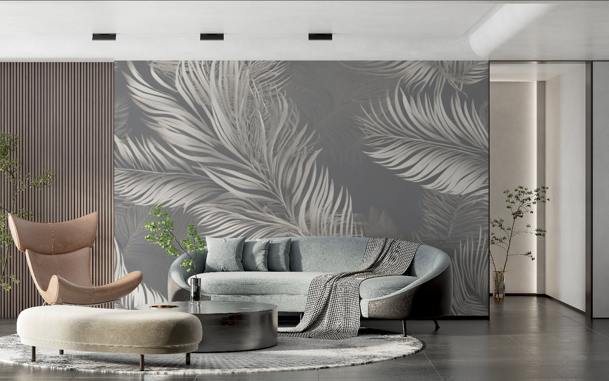 Feather pattern wallpaper adding movement to home office space