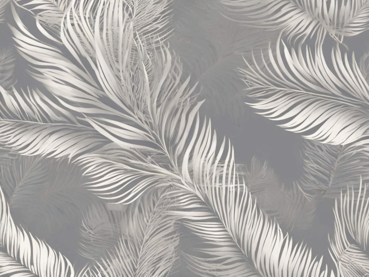Design file of grey palm feather wallpaper pattern showing detailed feather artwork