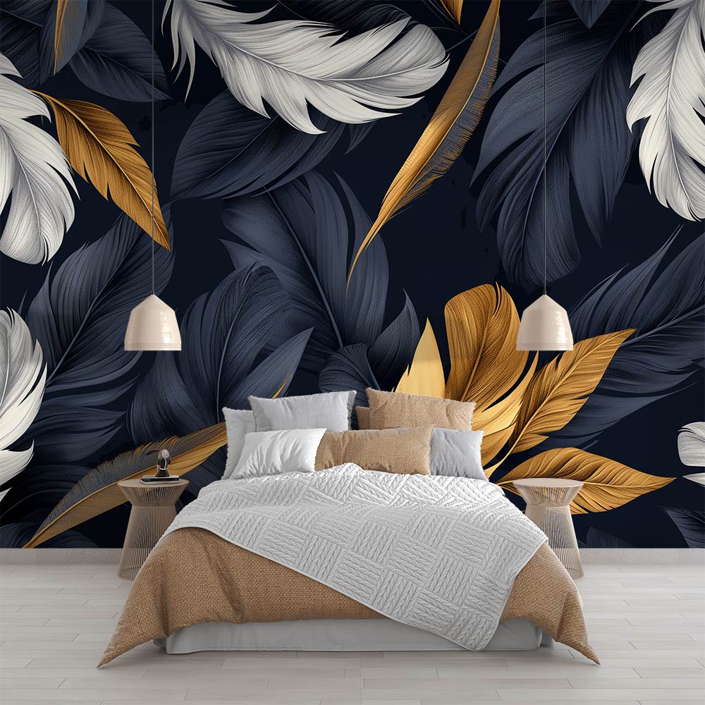 Feather wallpaper with navy and gold design in a modern dining room, creating an elegant atmosphere with soft lighting