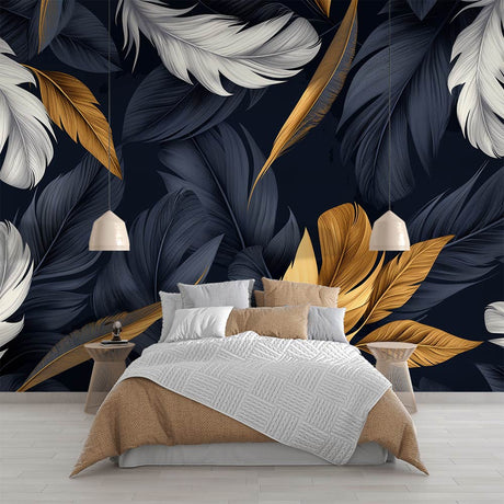 Feather wallpaper with navy and gold design in a modern dining room, creating an elegant atmosphere with soft lighting