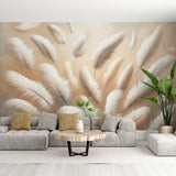 Feather wallpaper creating a peaceful atmosphere in a modern bedroom with natural light highlighting the floating white plumes