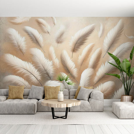 Feather wallpaper creating a peaceful atmosphere in a modern bedroom with natural light highlighting the floating white plumes