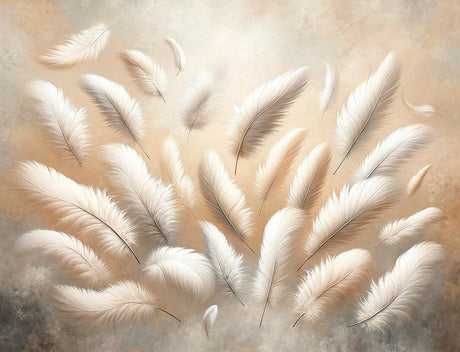 White feather wallpaper design file showing delicate plumes on beige background