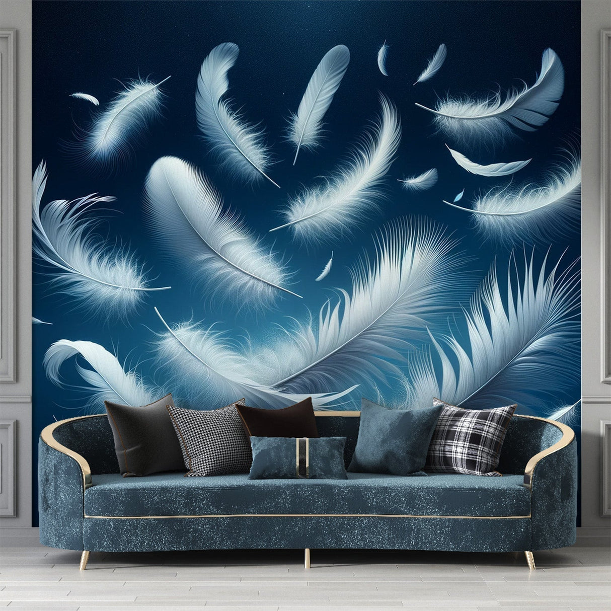Floating feather wallpaper creating a peaceful atmosphere in a modern bedroom with soft lighting