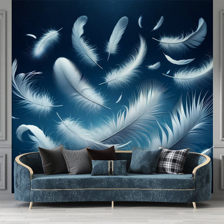 Floating feather wallpaper creating a peaceful atmosphere in a modern bedroom with soft lighting