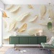 Cream and gold Feather Wallpaper creating a peaceful atmosphere in a bright modern bedroom with minimal furniture