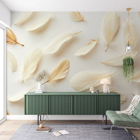 Cream and gold Feather Wallpaper creating a peaceful atmosphere in a bright modern bedroom with minimal furniture