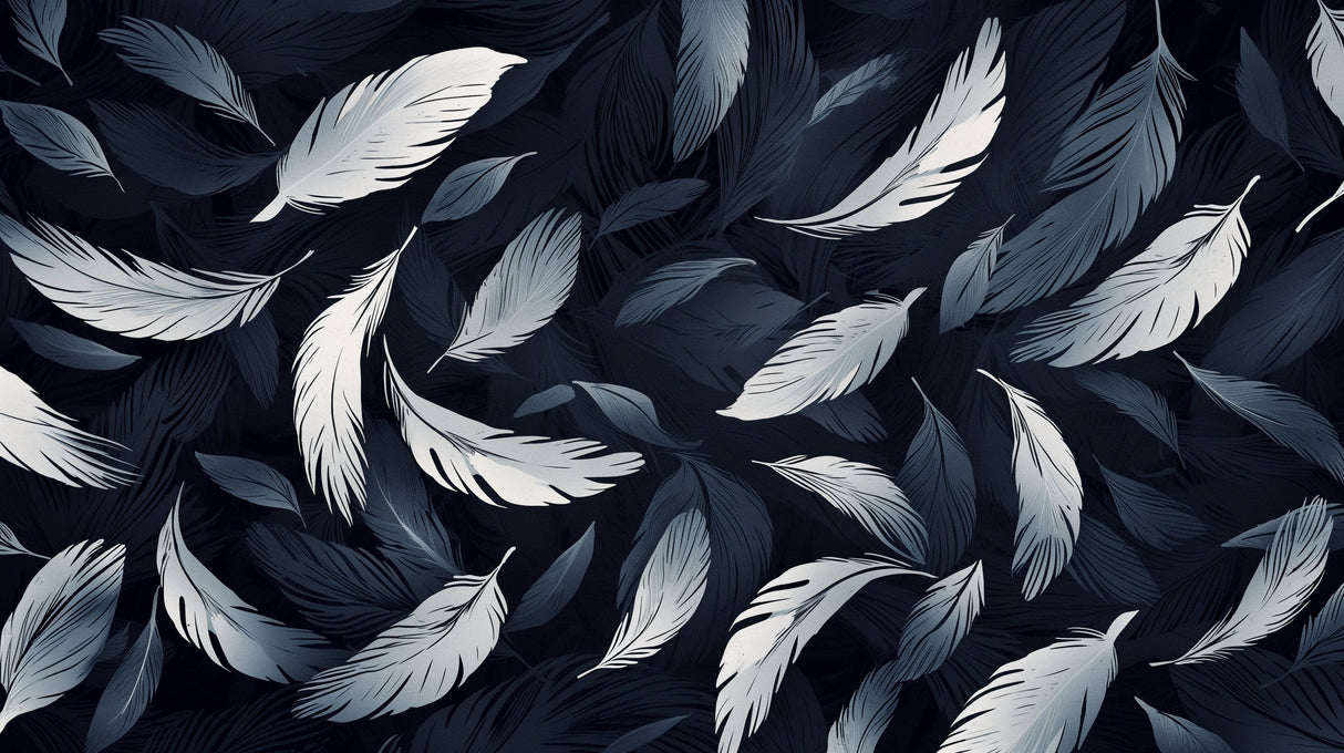Feather wall mural creating a serene atmosphere in a modern bedroom with grey and white decor