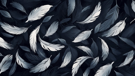 Feather wall mural creating a serene atmosphere in a modern bedroom with grey and white decor