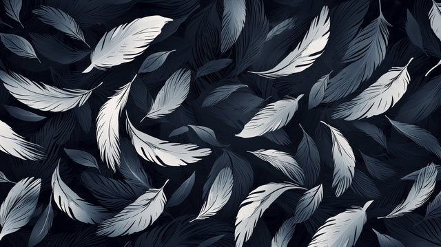 Feather wall mural creating a serene atmosphere in a modern bedroom with grey and white decor
