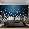 Floating feather wallpaper creating a dreamy atmosphere in a modern bedroom with soft lighting