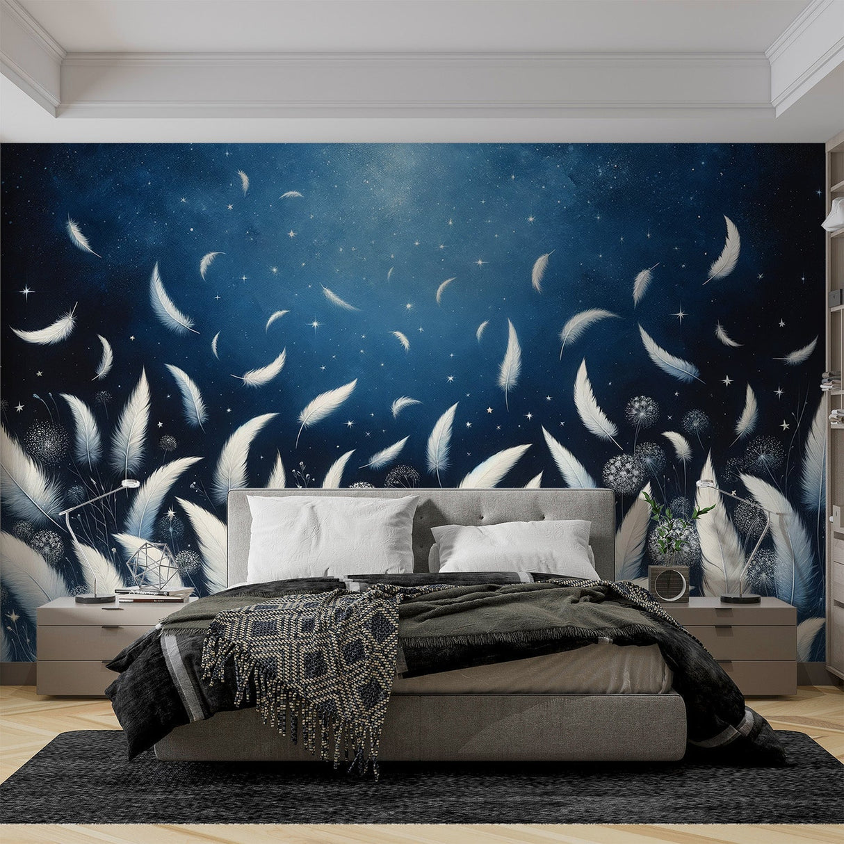 Floating feather wallpaper creating a dreamy atmosphere in a modern bedroom with soft lighting