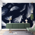 Navy and white Feather Wallpaper creating a serene atmosphere in a modern bedroom with minimal furniture