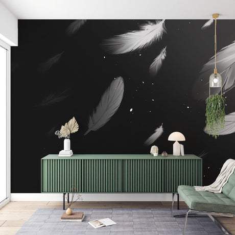 Black and white feather wallpaper mural styled in a modern bedroom with minimal furniture and natural light