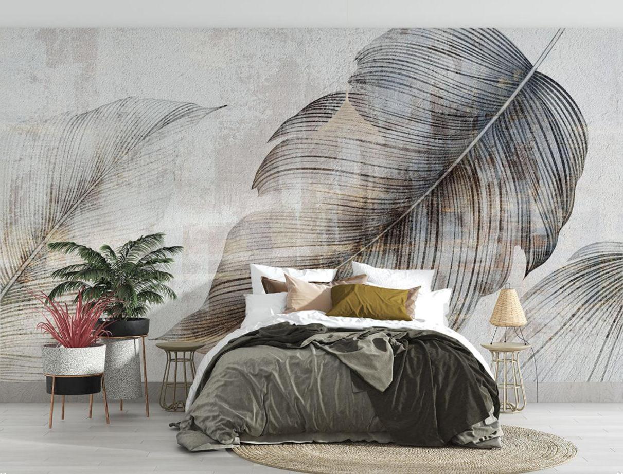 Botanical Feather Mural in master bedroom with minimal furniture