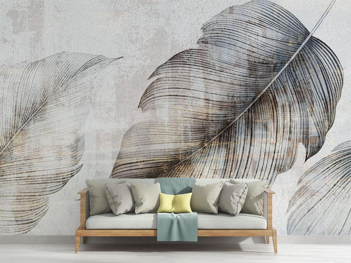Grey Feather Wall Mural in home office showing scale and detail