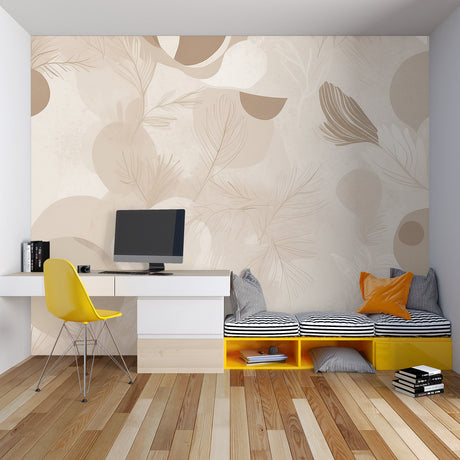 Modern beige feather wallpaper creating a calm atmosphere in a bright living room setting