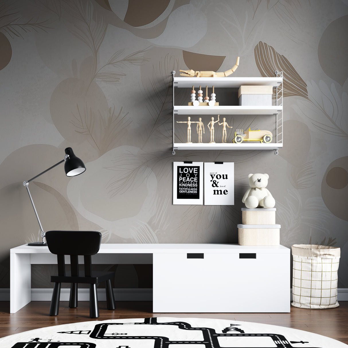 Beige feather pattern wallpaper adding warmth to a modern home office