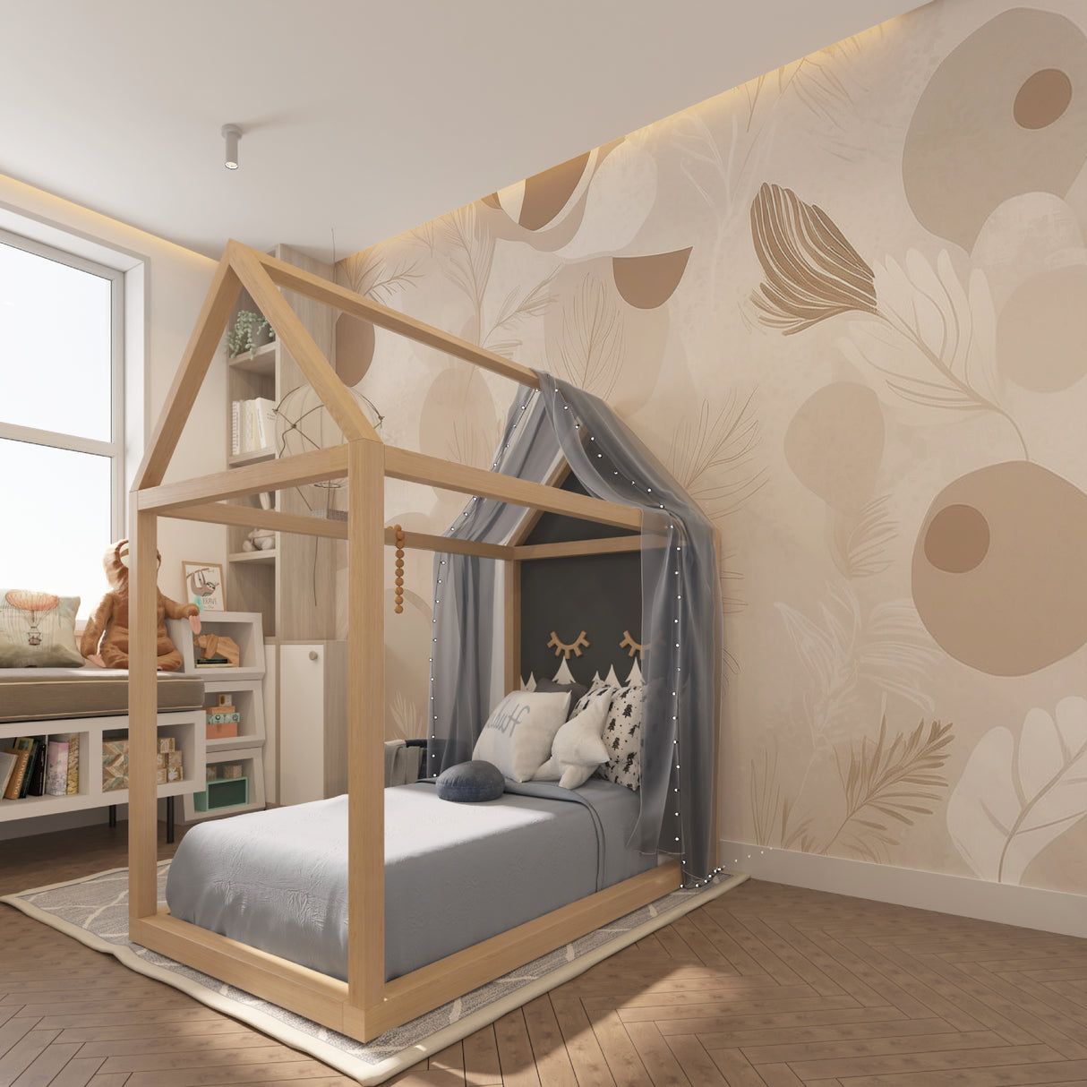 Modern abstract feather wallpaper transforming a neutral hallway space