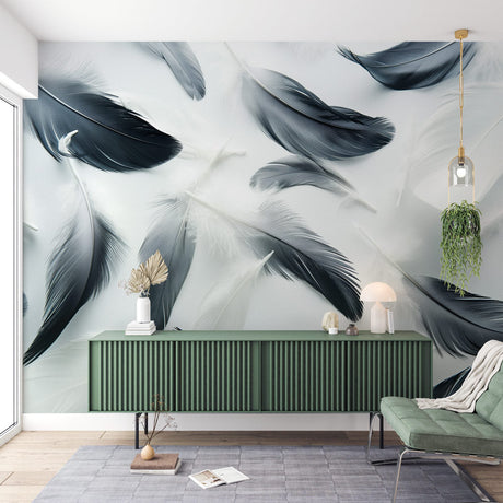 Modern black and grey feather wallpaper creating a peaceful atmosphere in a minimalist living room setting