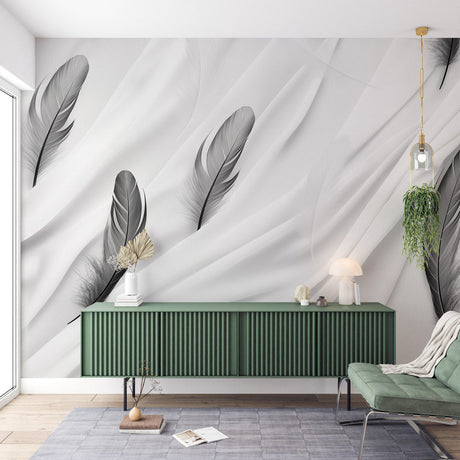 Modern feather wallpaper in a bright living room showing black and white feather design creating an airy, peaceful atmosphere