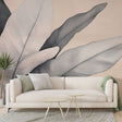 Modern grey and beige Feather Mural Wallpaper creating a peaceful atmosphere in a minimalist living room setting