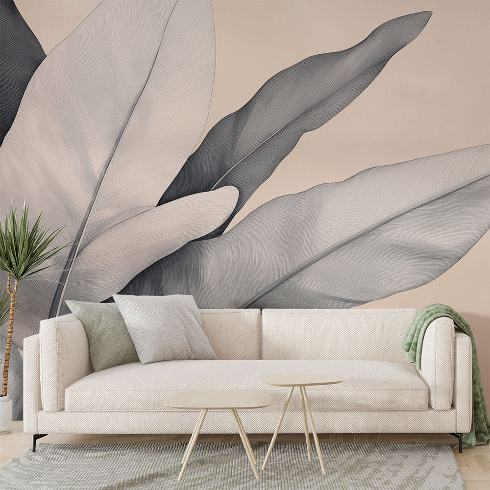 Modern grey and beige Feather Mural Wallpaper creating a peaceful atmosphere in a minimalist living room setting
