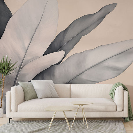 Modern grey and beige Feather Mural Wallpaper creating a peaceful atmosphere in a minimalist living room setting