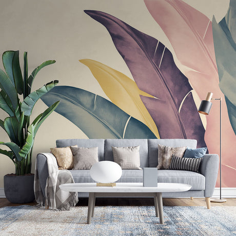 Modern feather wallpaper in pastel colors brightening a sunny living room with white furniture and natural light