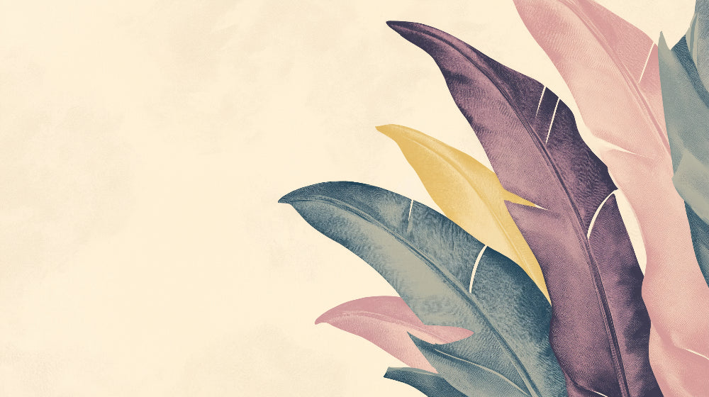 Pastel feather pattern design file showing delicate plumes in soft teal, yellow, purple, and pink
