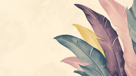 Pastel feather pattern design file showing delicate plumes in soft teal, yellow, purple, and pink