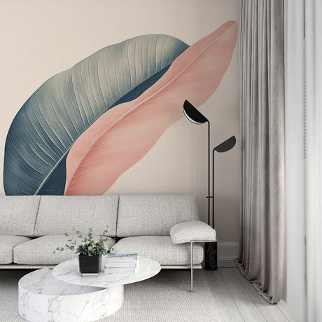 Modern feather wallpaper with pink and blue leaves shown in a bright living room setting, creating a calm atmosphere