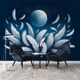 Feather wall mural creates a peaceful atmosphere in a modern bedroom, white plumes floating on midnight blue backdrop