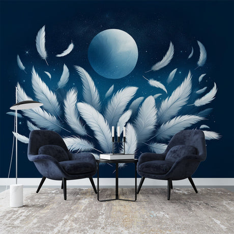 Feather wall mural creates a peaceful atmosphere in a modern bedroom, white plumes floating on midnight blue backdrop