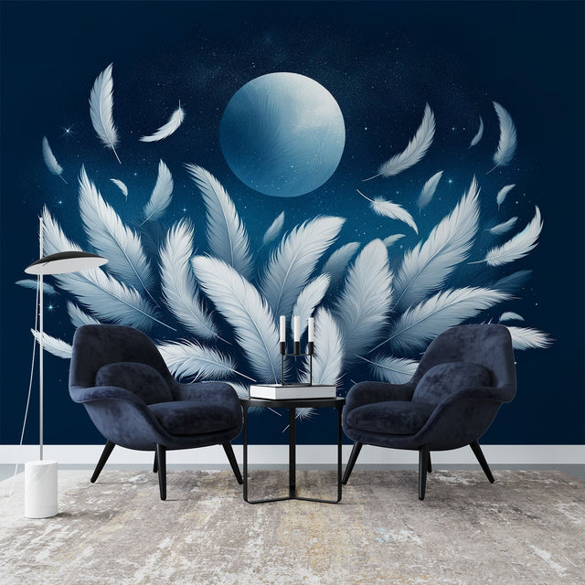 Feather wall mural creates a peaceful atmosphere in a modern bedroom, white plumes floating on midnight blue backdrop