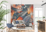 Orange and Blue Feather Mural adding depth to minimal bedroom design