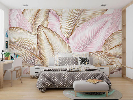 Pink and gold feather wallpaper in modern bedroom showcasing flowing line art pattern