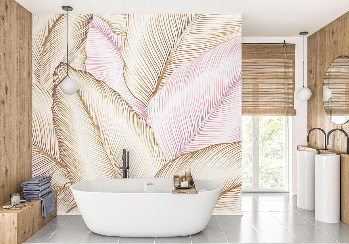 Feather line art mural in pink living room with gold accents
