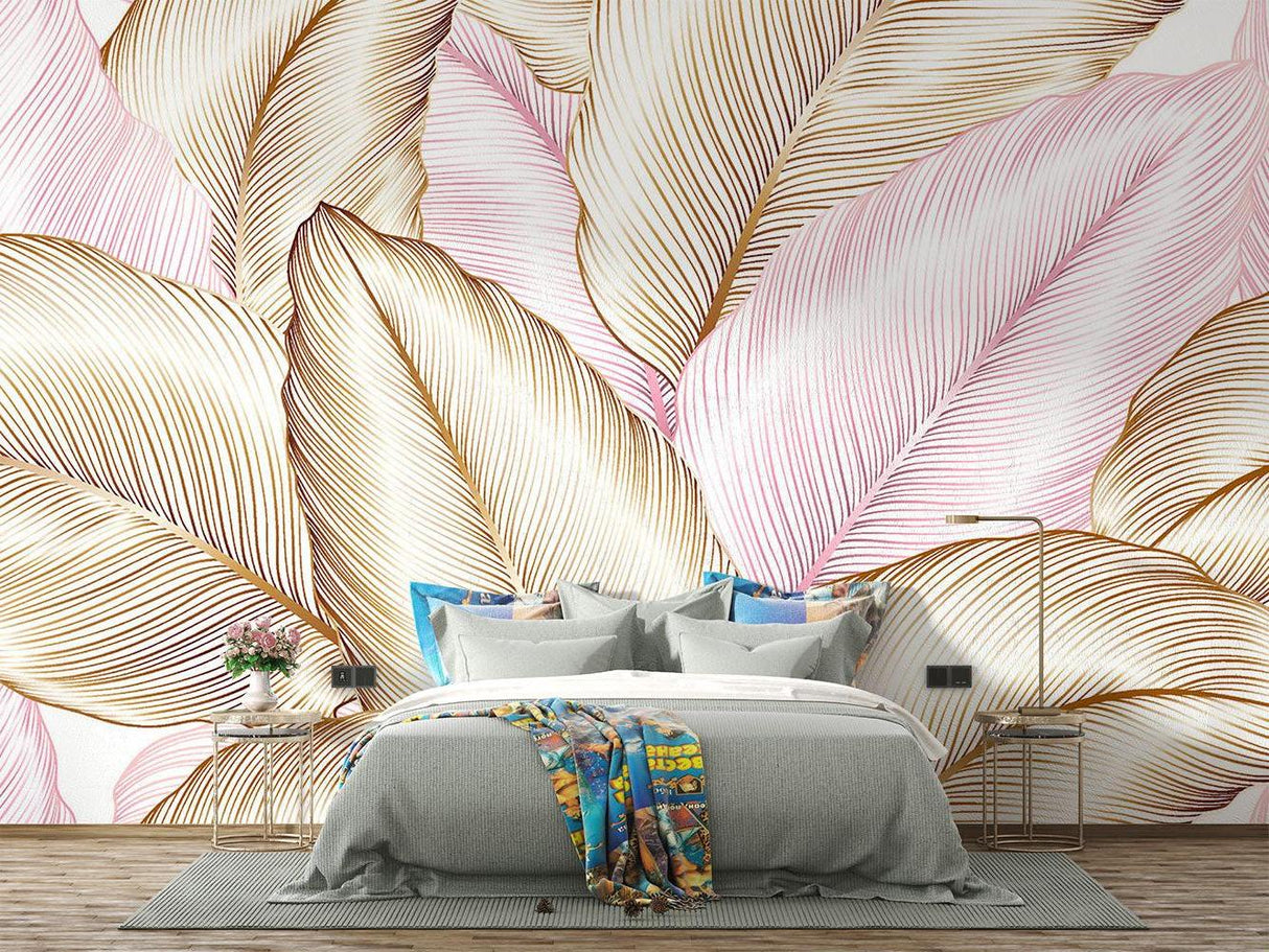 Pink and gold feather pattern wallpaper in home office setting