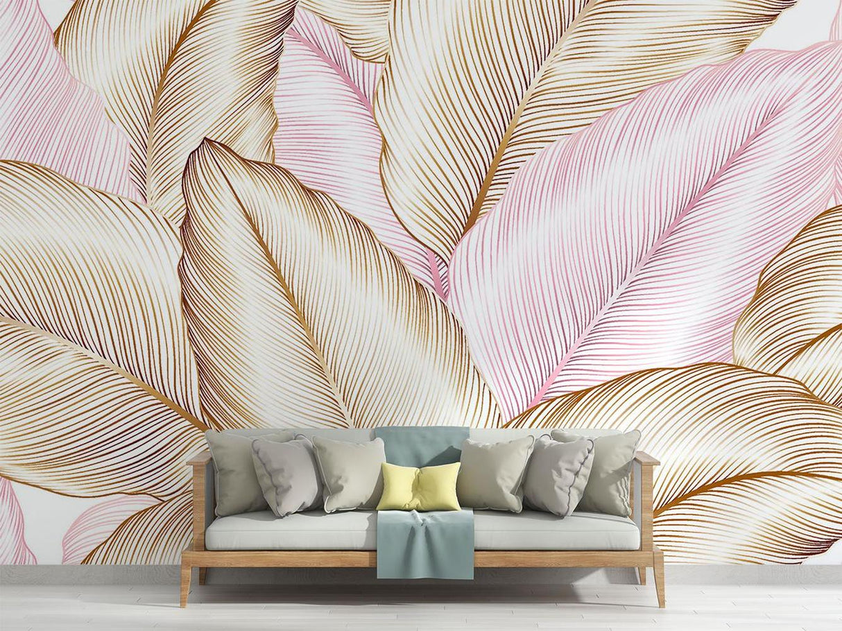 Line art feather wallpaper creating elegant atmosphere in dining room