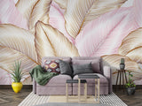 Pink and gold feather mural wallpaper in hallway with natural lighting