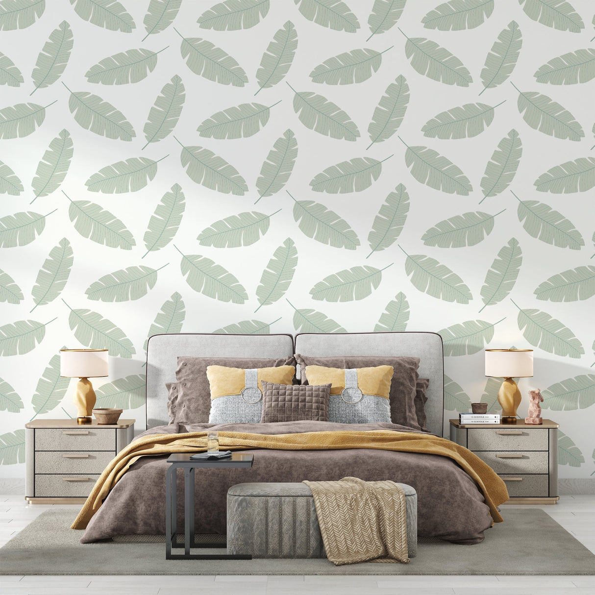 Sage green feather wallpaper creating a serene atmosphere in a modern living room with natural light