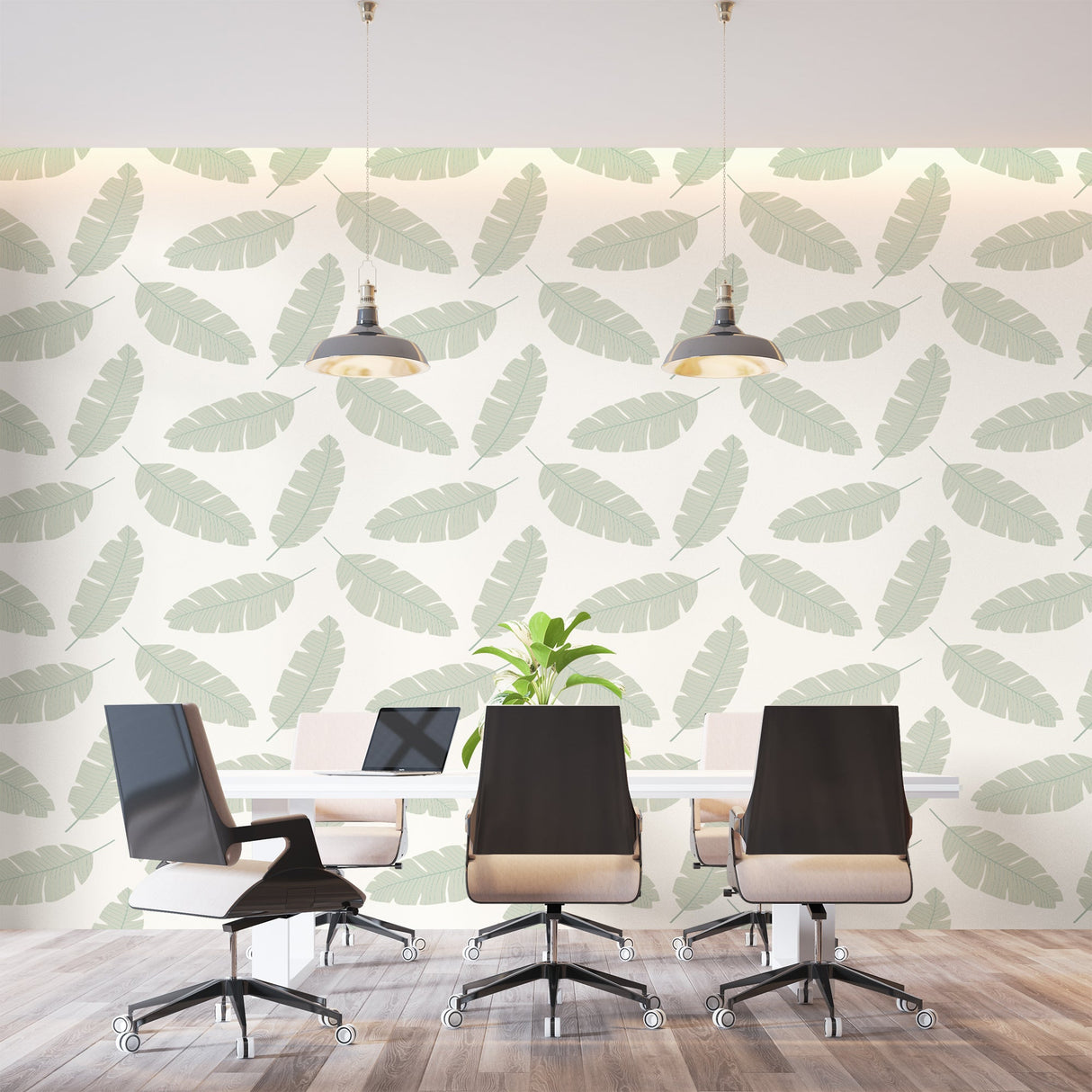 Botanical feather wall mural brightening a cozy bedroom with white furniture
