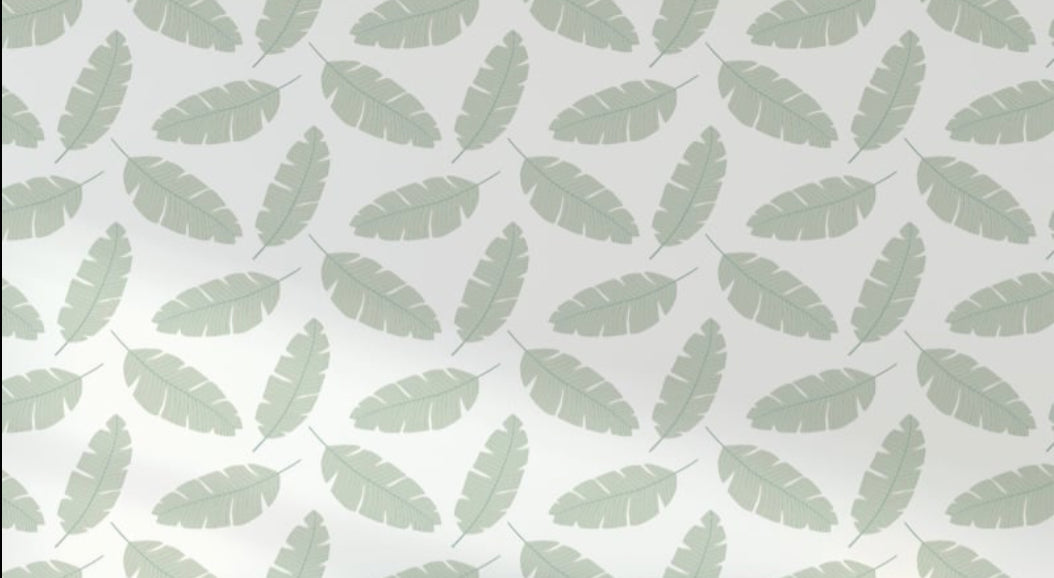 Feather wallpaper design file showing detailed sage green palm fronds on white background