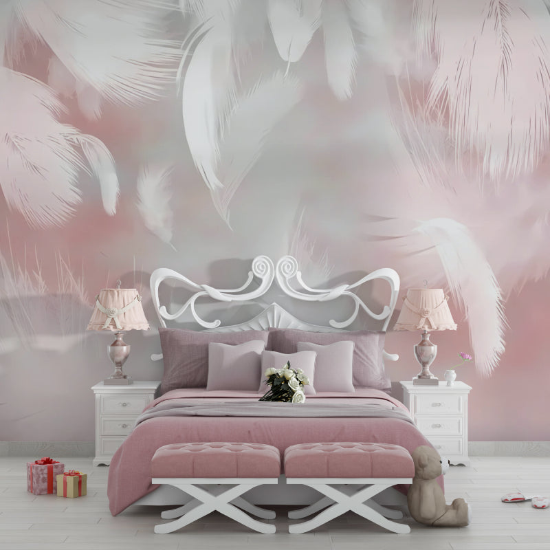 Pink feather wallpaper creating a soft, dreamy atmosphere in a modern bedroom with minimal furniture
