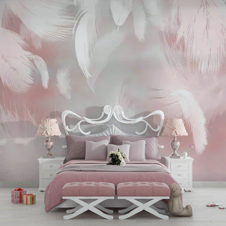 Pink feather wallpaper creating a soft, dreamy atmosphere in a modern bedroom with minimal furniture