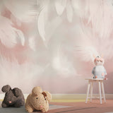 Delicate pink feather pattern warming up a dining room feature wall