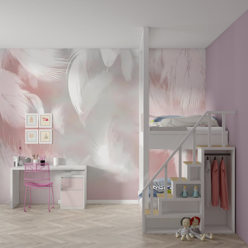 Delicate feather wall mural bringing elegance to a pink dressing room with gold accents