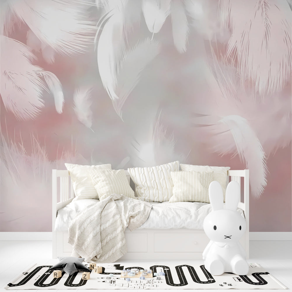 Soft pink feather pattern adding grace to a nursery with white furniture